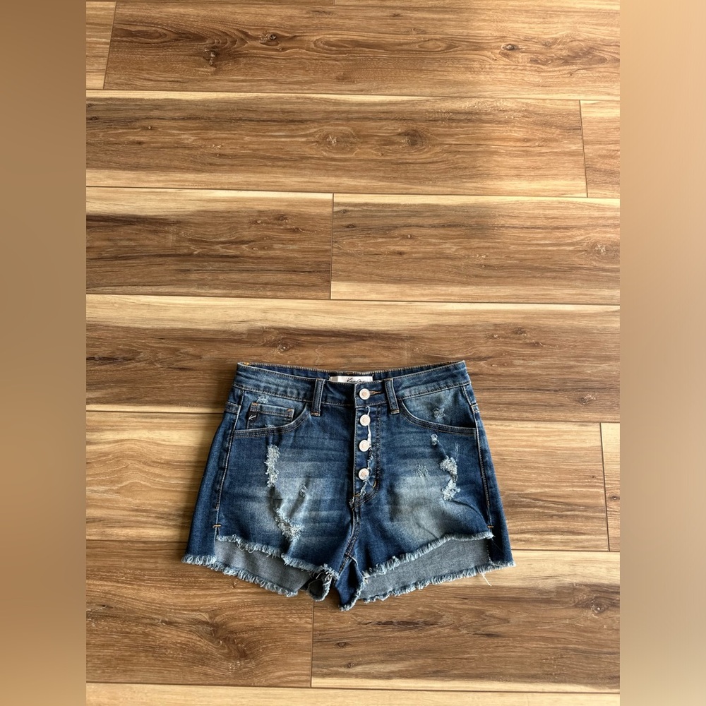 KanCan Distressed Dark Blue Denim Button-Front Women’s Shorts